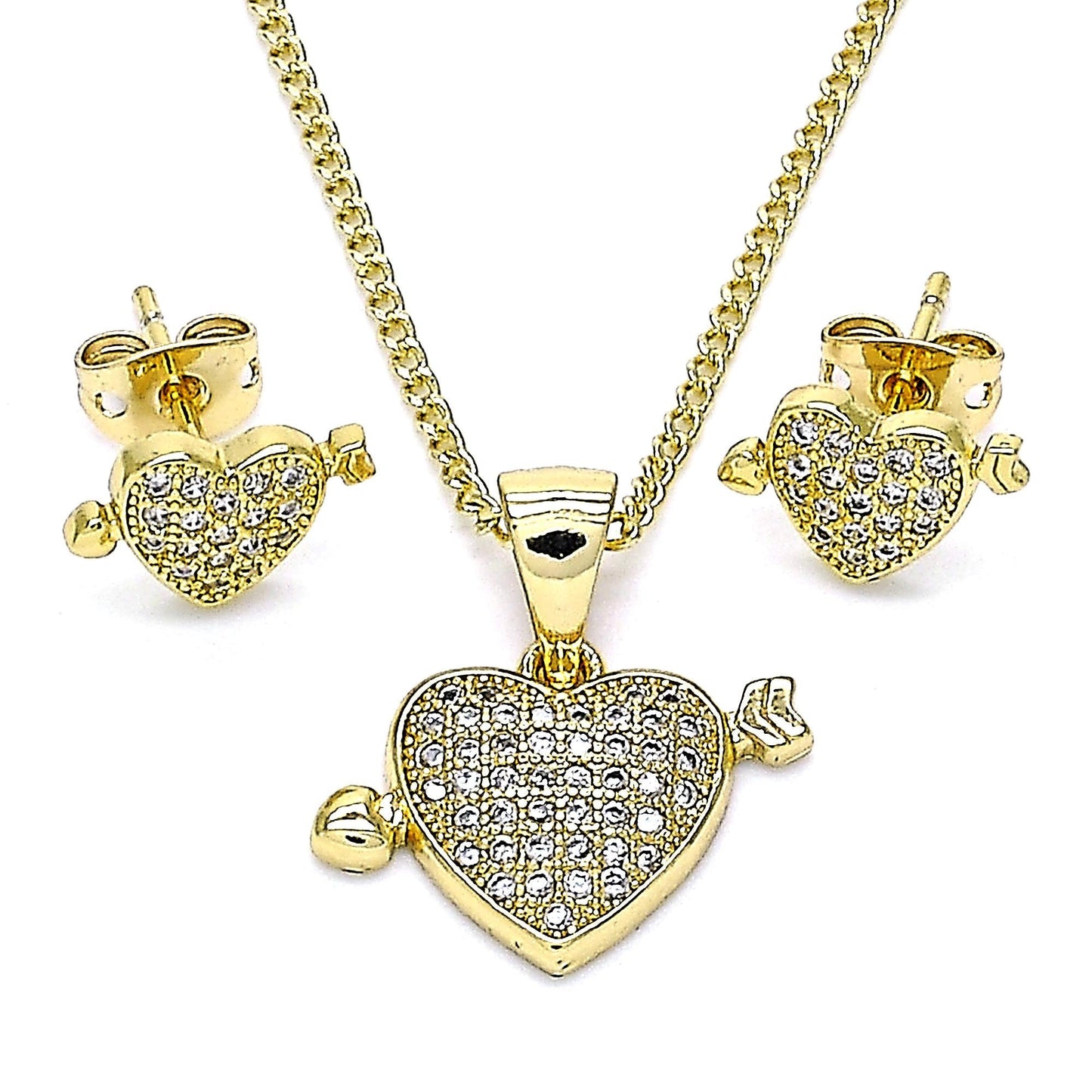 Earring, Pendant and Necklace Adult Set, Heart Design, with White Micro Pave, High Polished Finish, Golden Tone