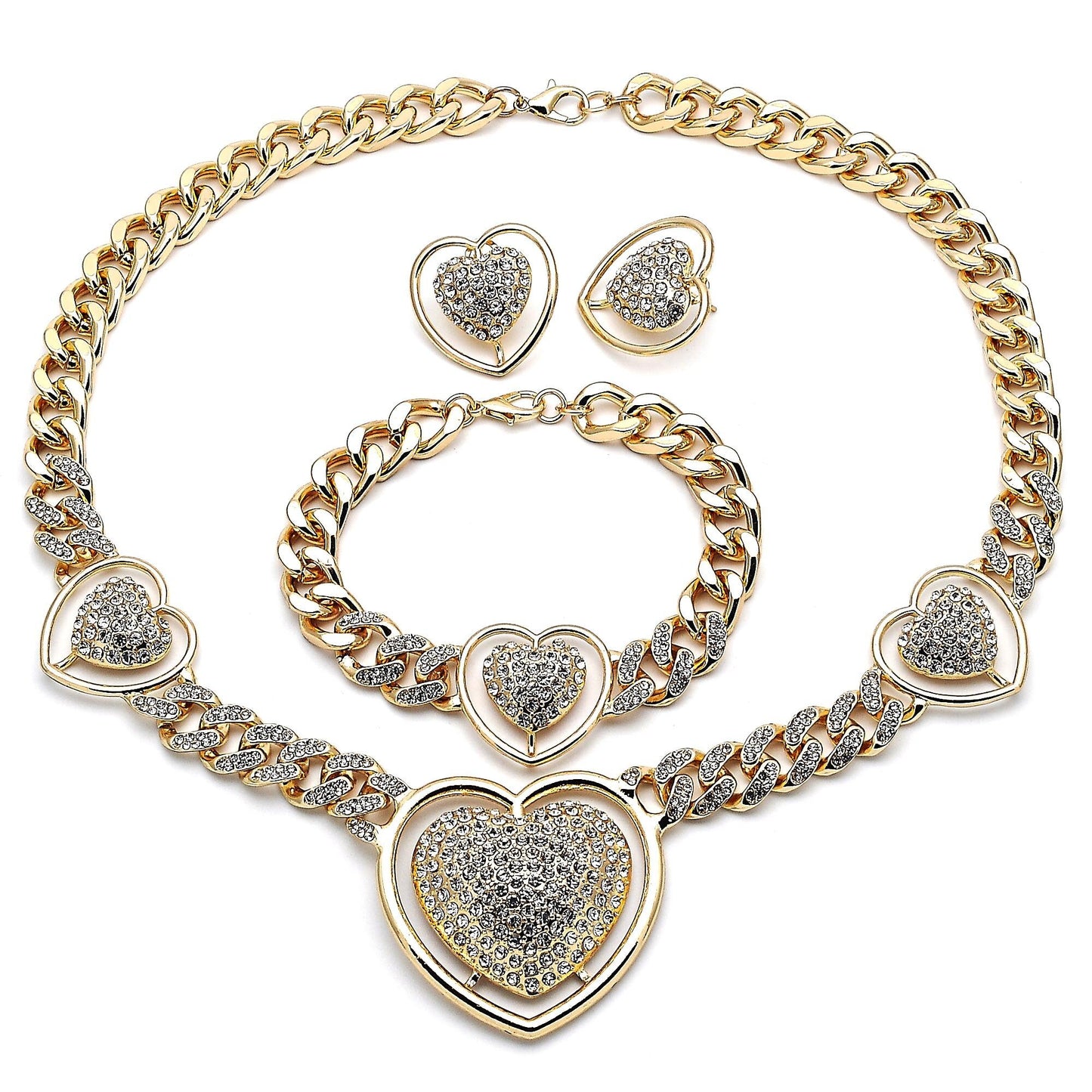 Gold Necklace HUGS & KISSES Necklace Set, Statement Gold Filled Cuban Link Crystal Necklace - XOXO Necklace Heart Set - Gift For Her