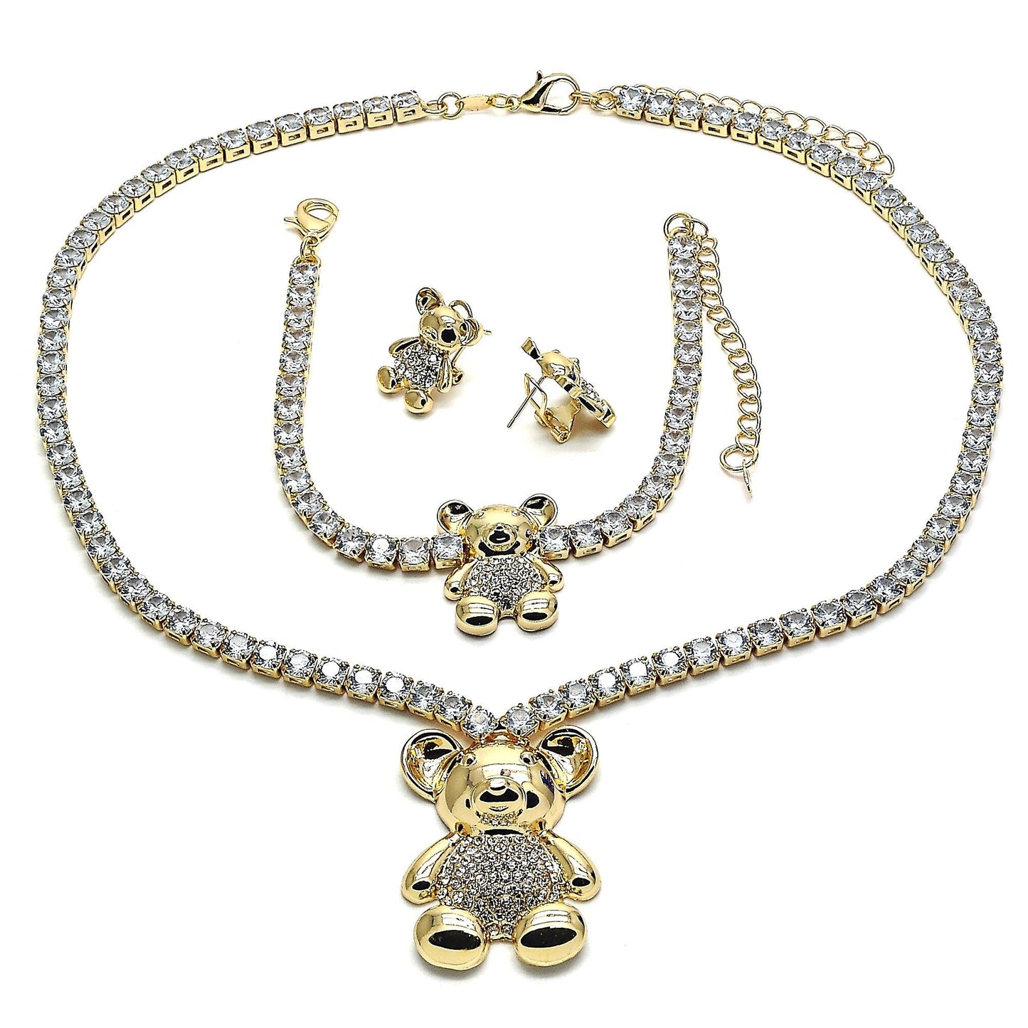 Gold Set HUGS & KISSES Crystal Gold Necklace | Statement Necklace and Gold Bracelet Set | XOXO Necklace | Teddy Bear Necklace | Gift For Her