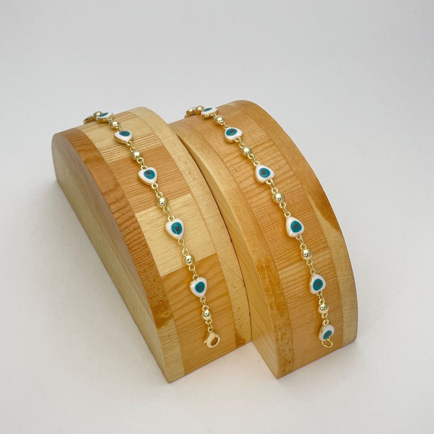 WHITE GREEN Evil Eye Bracelet | Turkish Eye Gold Bracelet | Greek Eye Gold Bracelet | Evil Eye Charm | Gift for Her, Gold Bracelet 6.5 8