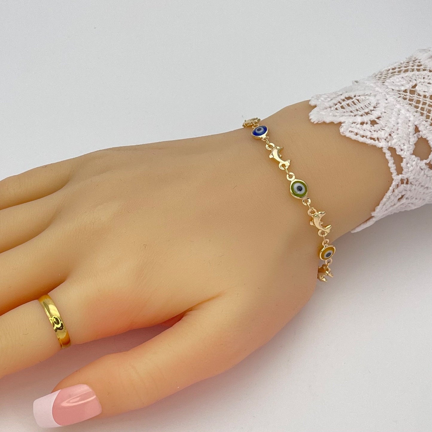 MULTICOLOR Evil Eye Bracelet | Dolphin Eye Gold Bracelet | Greek Eye Gold Bracelet, Evil Eye Charm | Gift for Her, Gold Bracelet 6.5” 8”