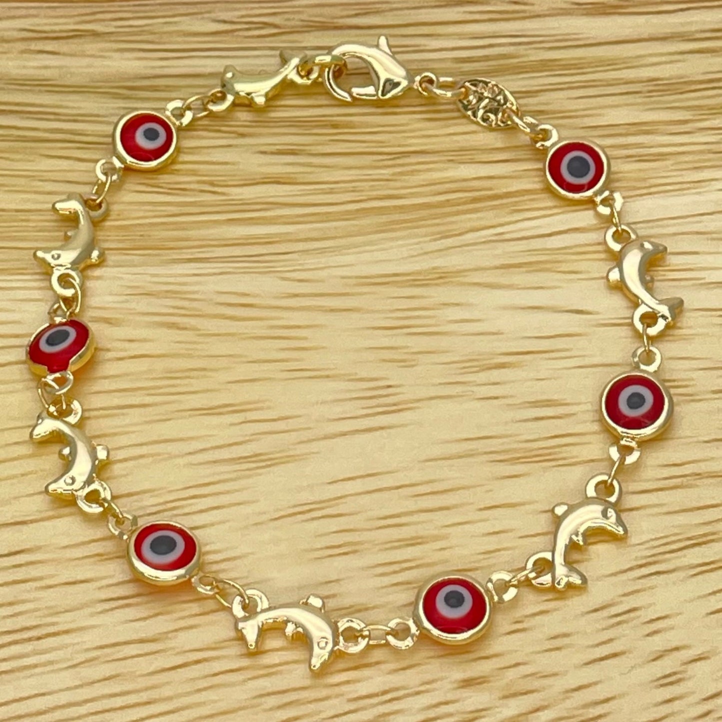 EVIL EYE Bracelet | DOLPHIN & Red White Evil Eye Gold Bracelet | Dainty Gold Bracelet | Evil Eye Bead, Gift for Her | Minimalist - 6.5” - 8”