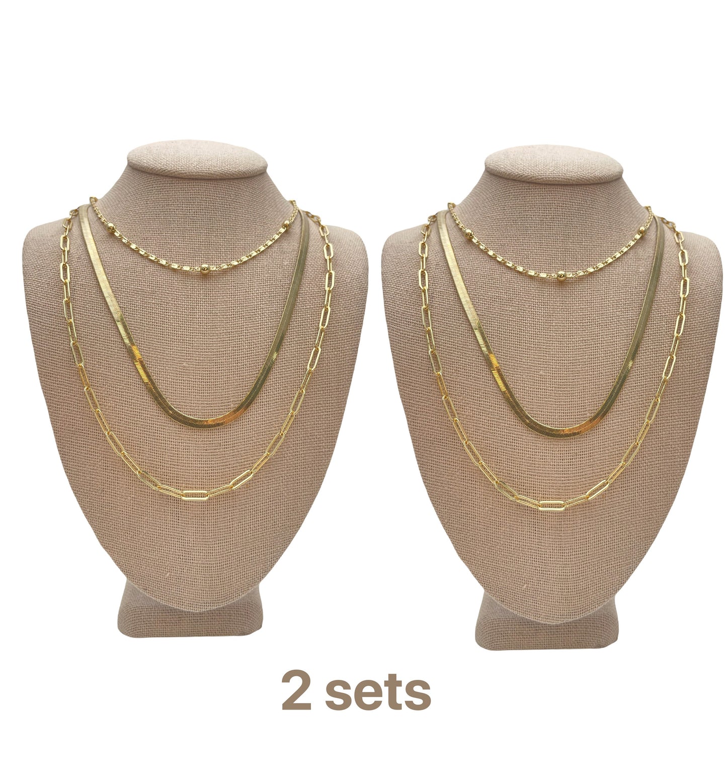 Minimalist Hand Made Triple Gold Chain Necklace Dainty Herringbone Chain, Paper Clip Necklace, Beaded Necklace Minimalist Set in Gold Finish