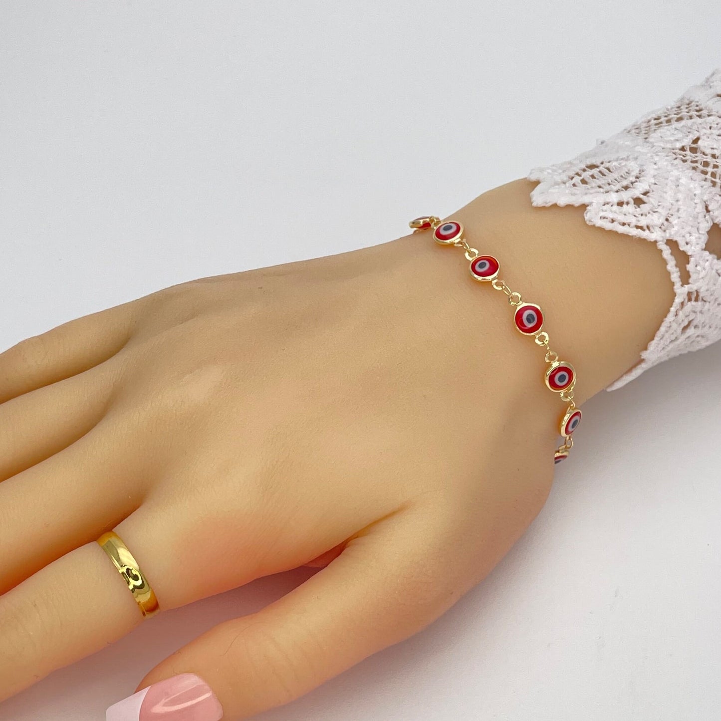 RED & WHITE Evil Eye Gold Bracelet, Handmade Minimalist Evil Eye Bracelet, It's a Lucky Amulet Bracelet | Dainty Gold Filled | Gift for Her