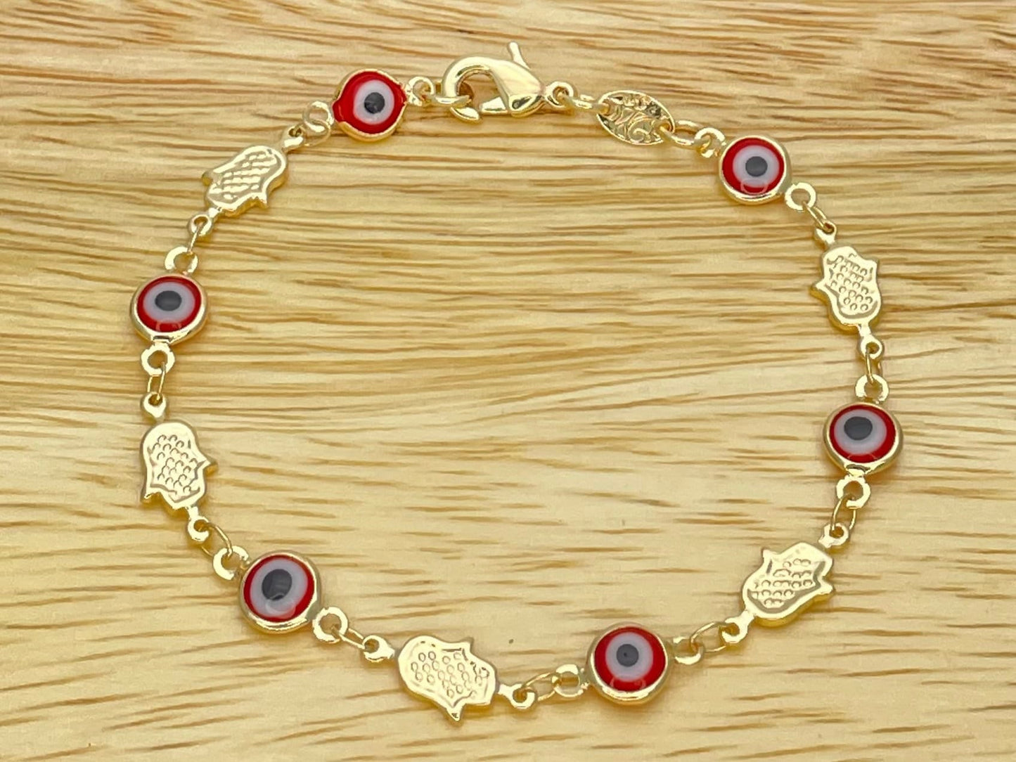 RED & WHITE Evil Eye HAMZA Gold Bracelet, HANDMADE Dainty Lucky Charm Bead Bracelet | Gift for Her | Gift for Mom | Gift for Best Friend
