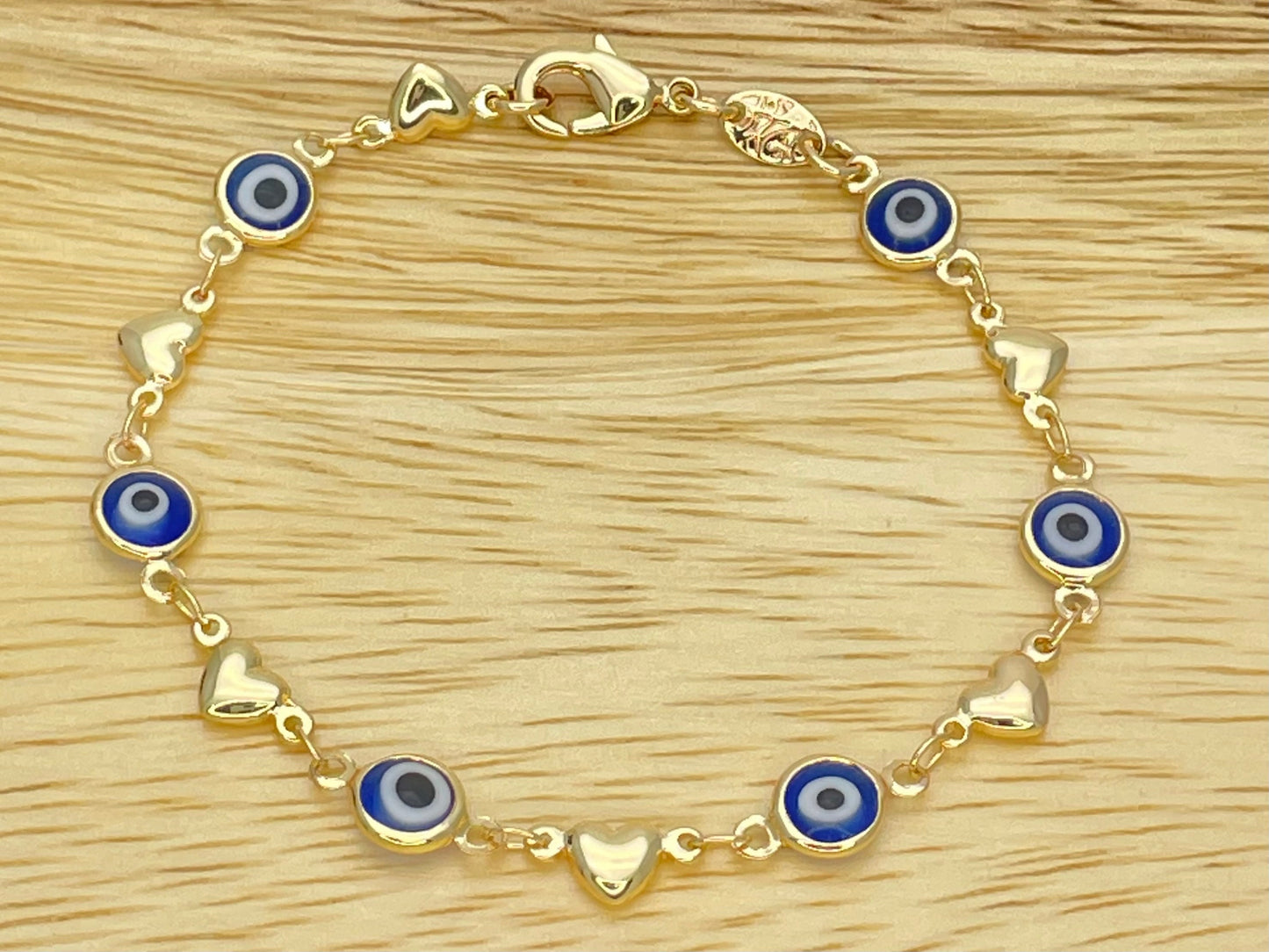 BLUE & WHITE Evil Eye Handmade Dainty Gold Bracelet, Minimalist Evil Eye Charm Beads, Heart Bracelet | Gift for Her or Gift Mom, Gold Filled