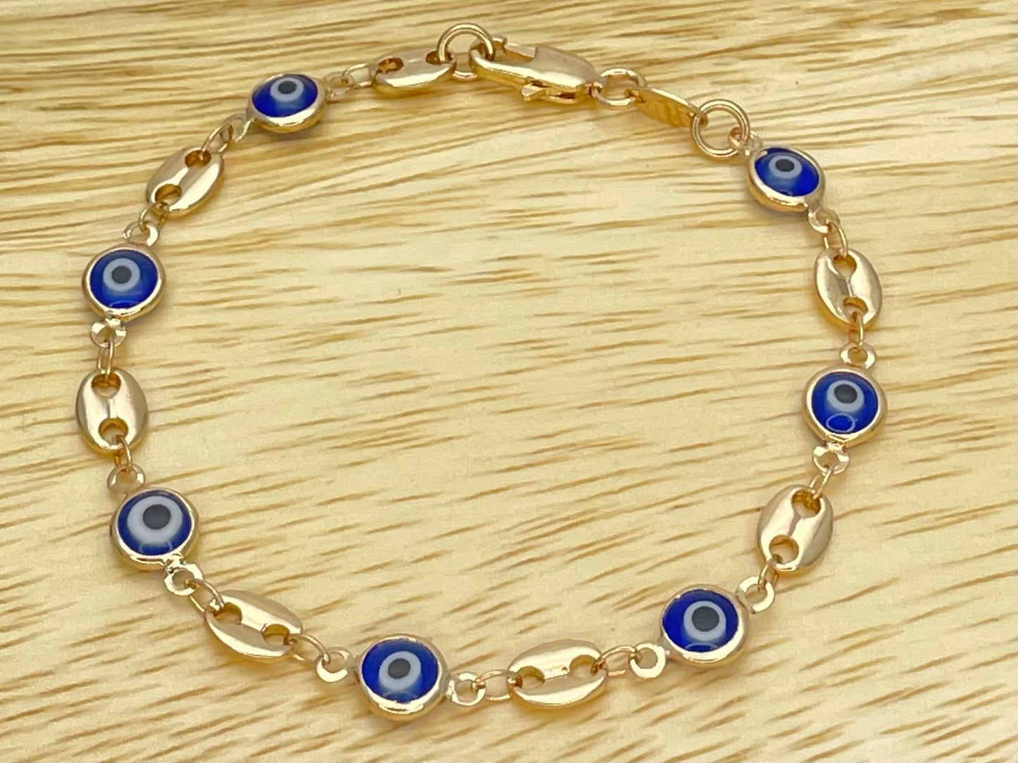 BLUE & WHITE MARINER Chain Evil Eye Gold Bracelet, Minimalist Handmade Gold Bracelet, Dainty Evil Eye Bead Bracelet, Gift for Her