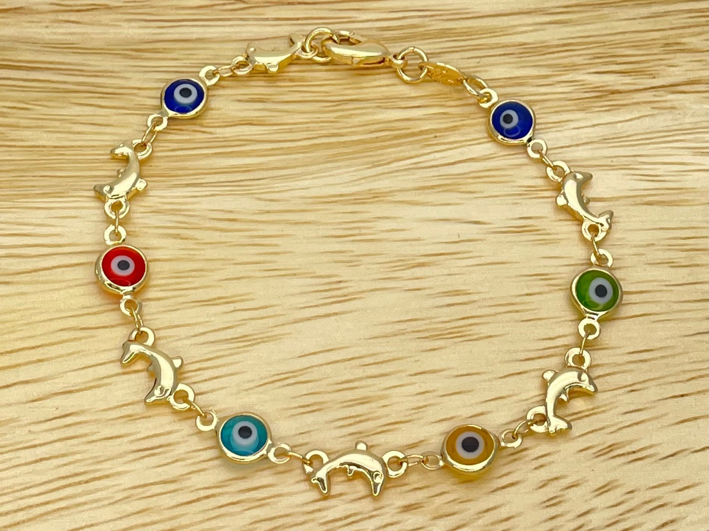 MULTICOLOR Evil Eye Bracelet | Dolphin Eye Gold Bracelet | Greek Eye Gold Bracelet, Evil Eye Charm | Gift for Her, Gold Bracelet 6.5” 8”