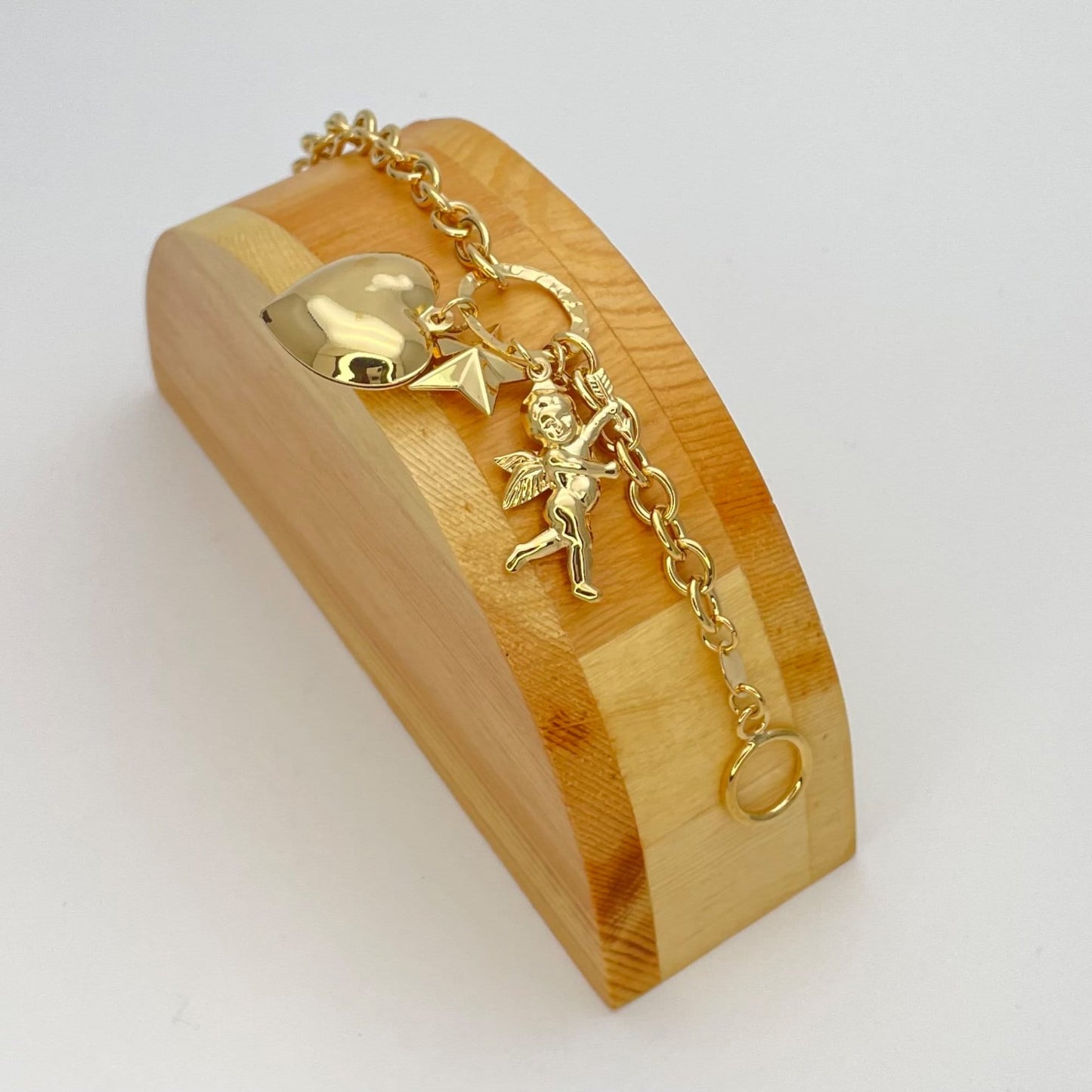 Love Bracelet, Cupid Angel Gold Bracelet for Women, Gold Charm Bracelet Mix Charms Heart, Star and Angel, Gift for Her Handmade Gold Filled