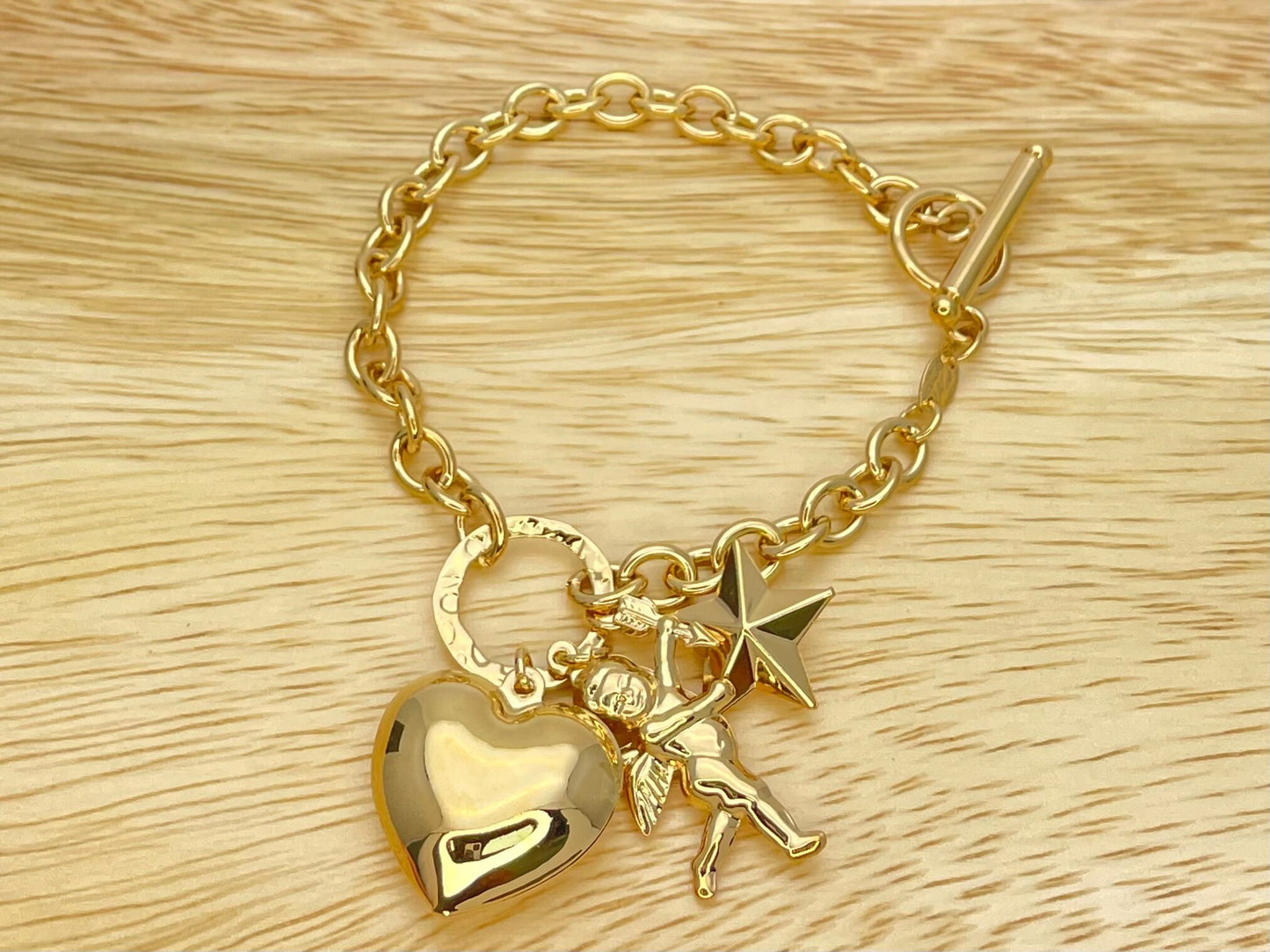 Love Bracelet, Cupid Angel Gold Bracelet for Women, Gold Charm Bracelet Mix Charms Heart, Star and Angel, Gift for Her Handmade Gold Filled