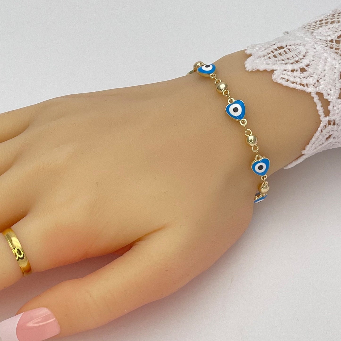 Baby Blue Evil Eye Bracelet | Turkish Eye Gold Bracelet | Greek Eye Gold Bracelet | Evil Eye Charm | Gift for Her, Gold Bracelet 6.5” 8”