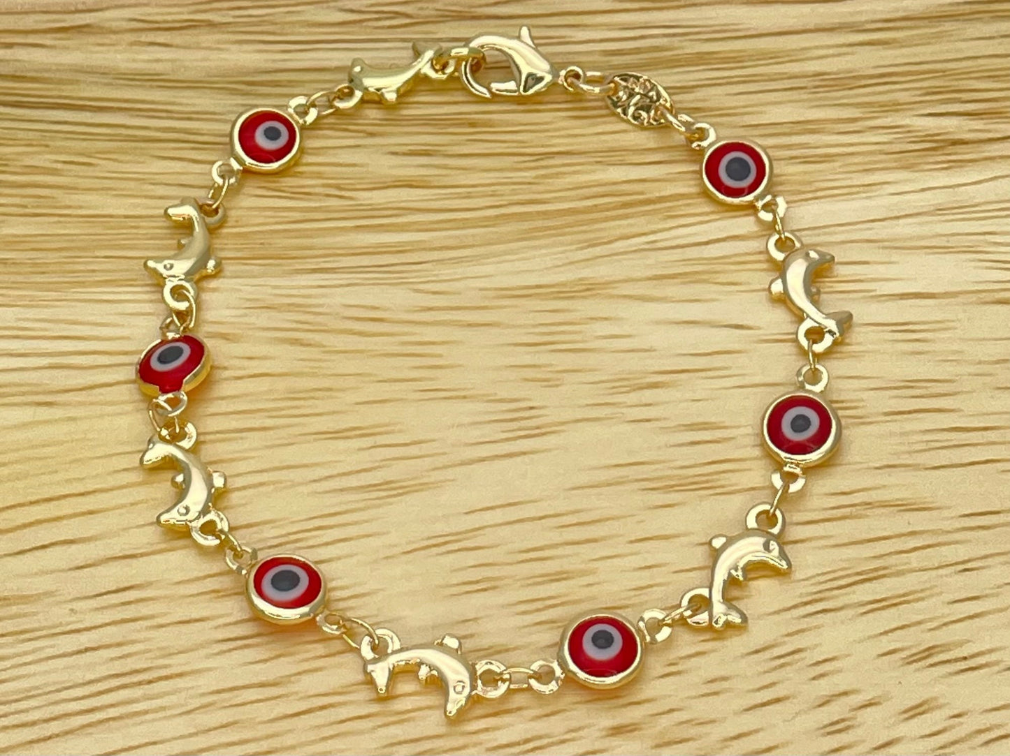EVIL EYE Bracelet | DOLPHIN & Red White Evil Eye Gold Bracelet | Dainty Gold Bracelet | Evil Eye Bead, Gift for Her | Minimalist - 6.5” - 8”