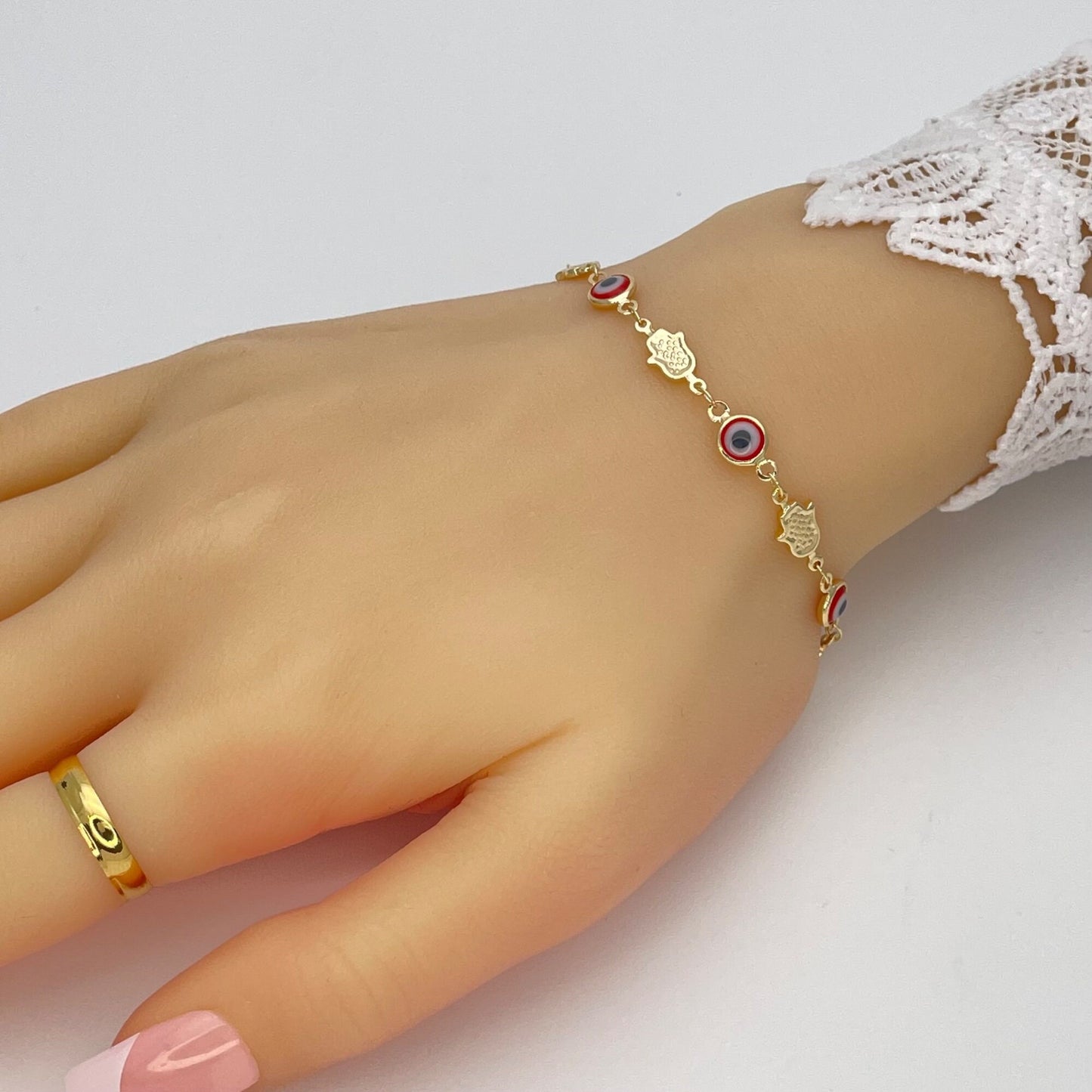 RED & WHITE Evil Eye HAMZA Gold Bracelet, HANDMADE Dainty Lucky Charm Bead Bracelet | Gift for Her | Gift for Mom | Gift for Best Friend