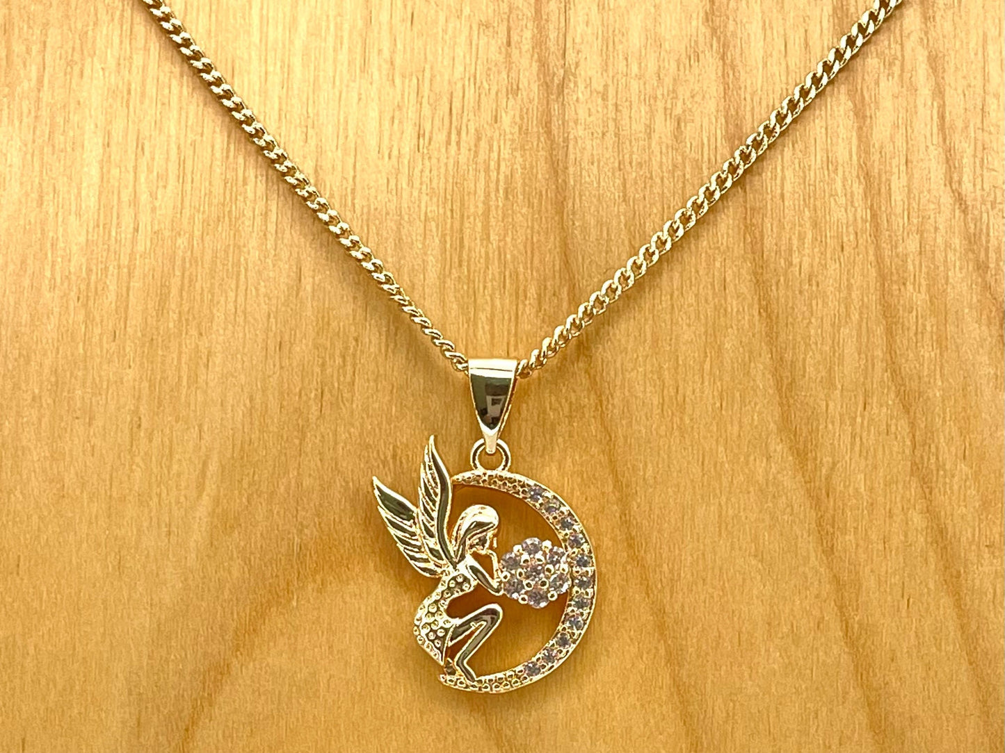 Handmade Gold Moon Angel Chain Necklace Dainty Angel Pendant With All Zirconia Wing and Chain Gold Filled Making Wholesale, Gift for her