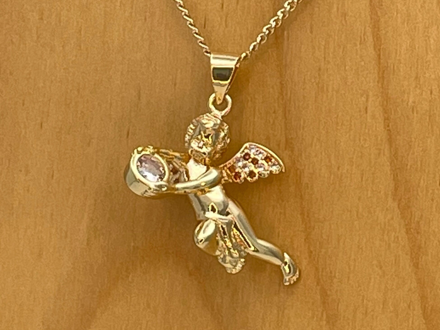 Handmade Pouring Gold Angel Chain Necklace Dainty Angel Pendant Red Zirconia on Wing Chain Gold Filled Jewelry Making Wholesale Gift for her
