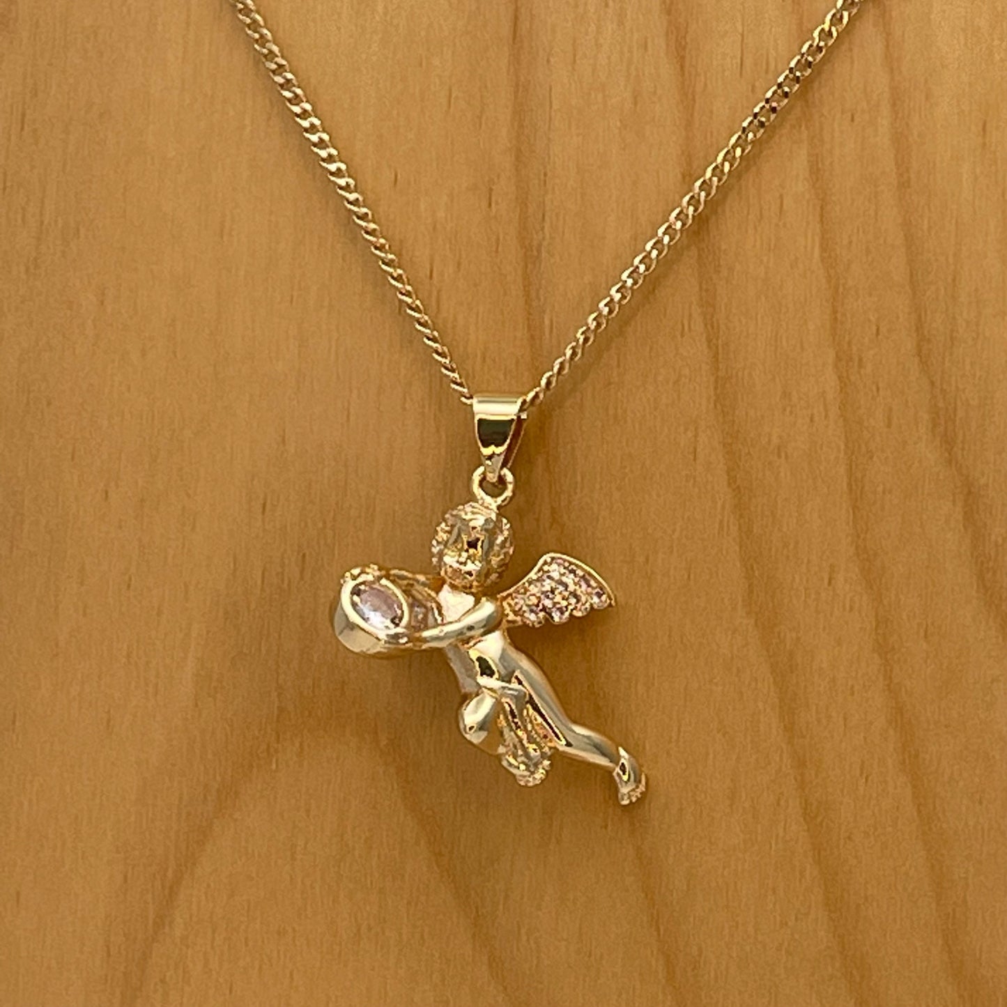 Handmade Gold Angel Chain Necklace Dainty Angel Pendant White Zirconia on Wing, Chain Gold Filled Jewelry Making Wholesale Gift for her