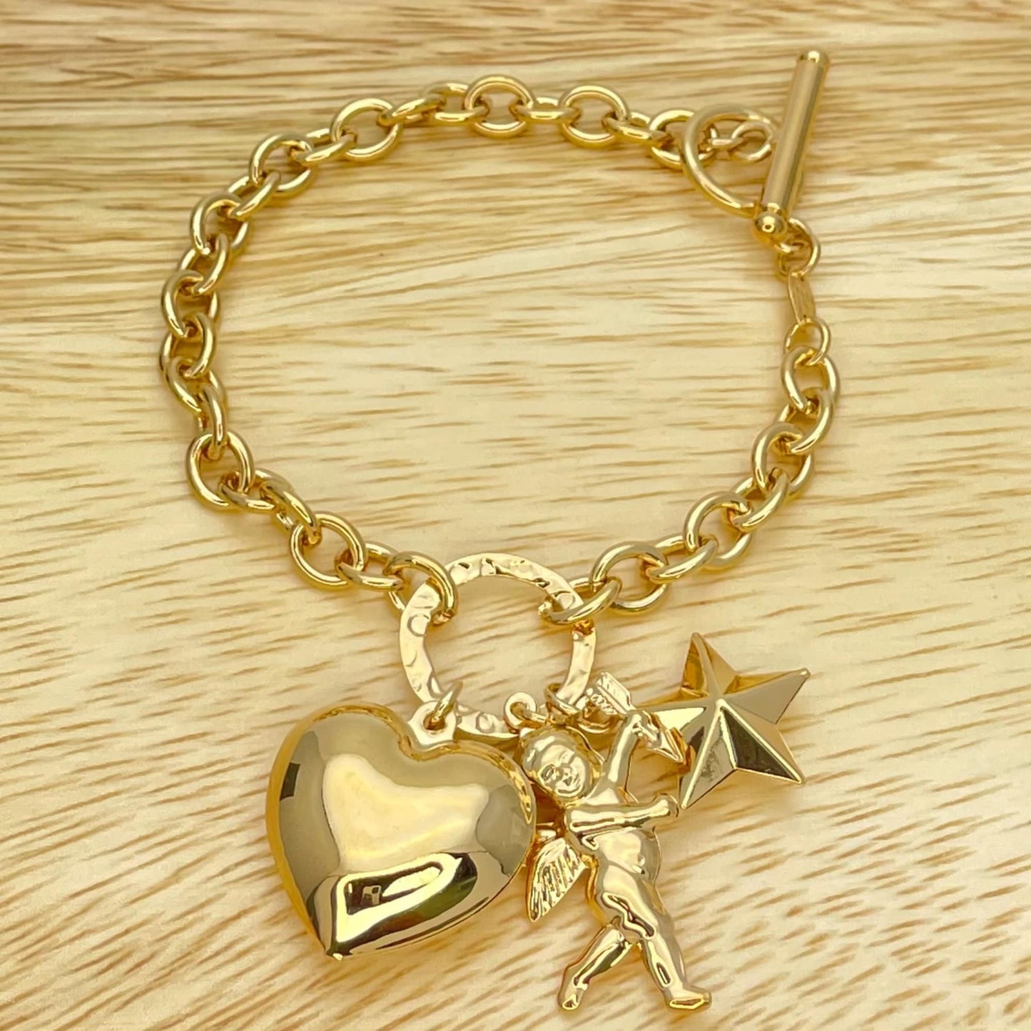 Love Bracelet, Cupid Angel Gold Bracelet for Women, Gold Charm Bracelet Mix Charms Heart, Star and Angel, Gift for Her Handmade Gold Filled