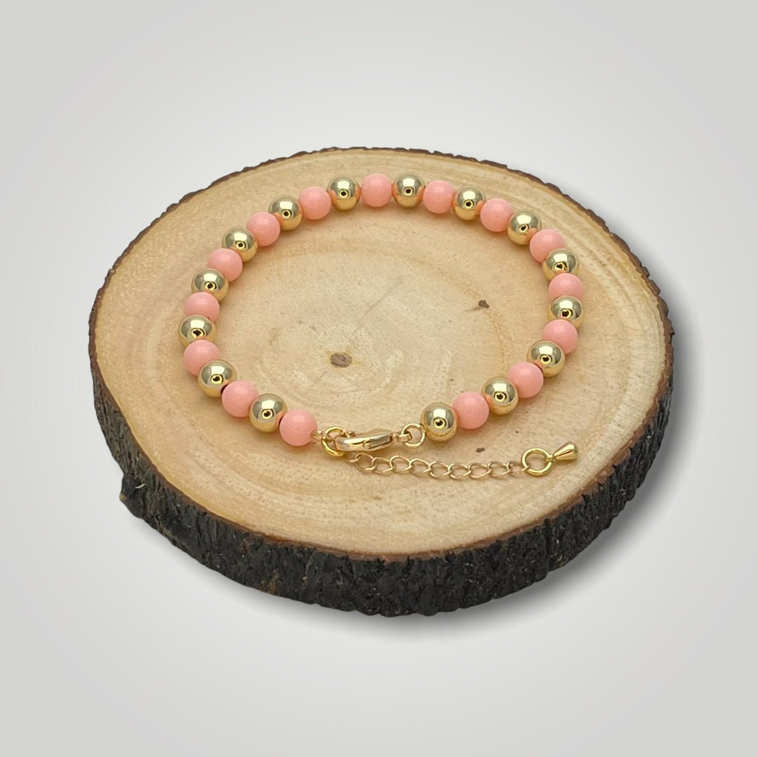6MM Coral Bead Handmade Bracelet | Signature Stackable Gold Filled Bracelet | Synthetic Stone | Adjustable Friendship Bracelet, Gift for Her