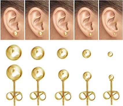 4 Pairs. Minimalist Gold Ball Stud Earrings, Butterfly Pushbacks 2mm to 12mm, Sleeper earrings, Unisex Gold Finish