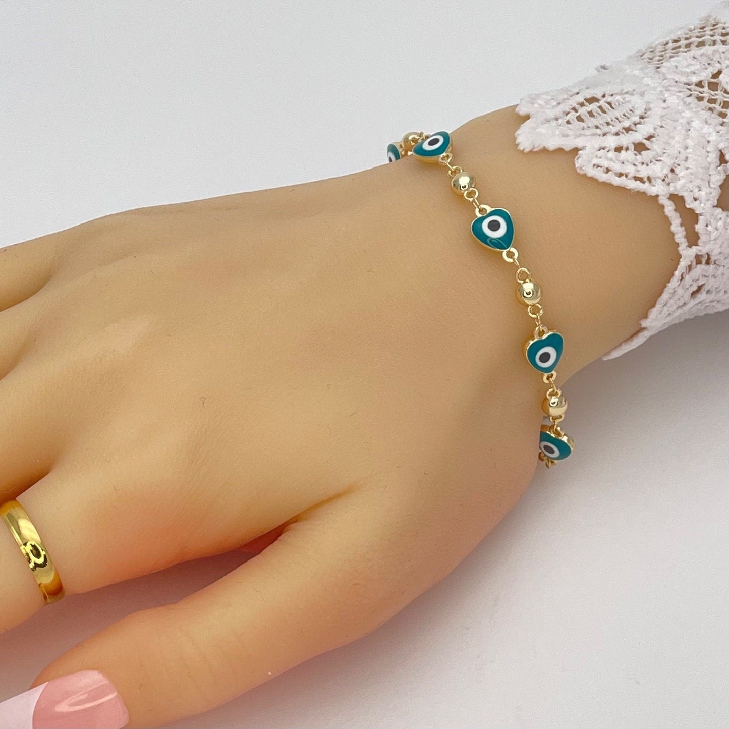 GREEN & WHITE Evil Eye Bracelet | Turkish Eye Gold Bracelet | Greek Eye Gold Bracelet, Evil Eye Charm | Gift for Her, Gold Bracelet 6.5 8