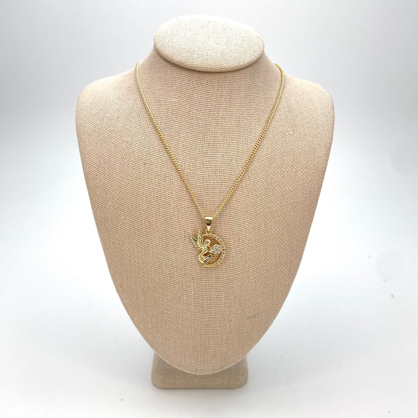 Handmade Gold Moon Angel Chain Necklace Dainty Angel Pendant With All Zirconia Wing and Chain Gold Filled Making Wholesale, Gift for her