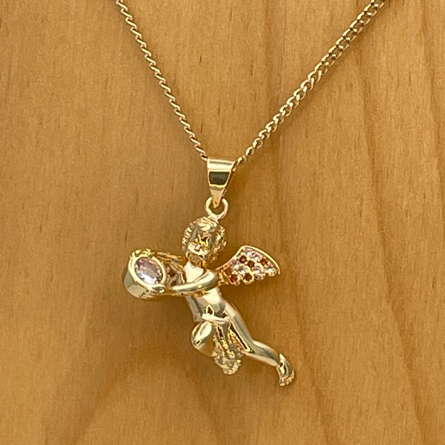 Handmade Pouring Gold Angel Chain Necklace Dainty Angel Pendant Red Zirconia on Wing Chain Gold Filled Jewelry Making Wholesale Gift for her