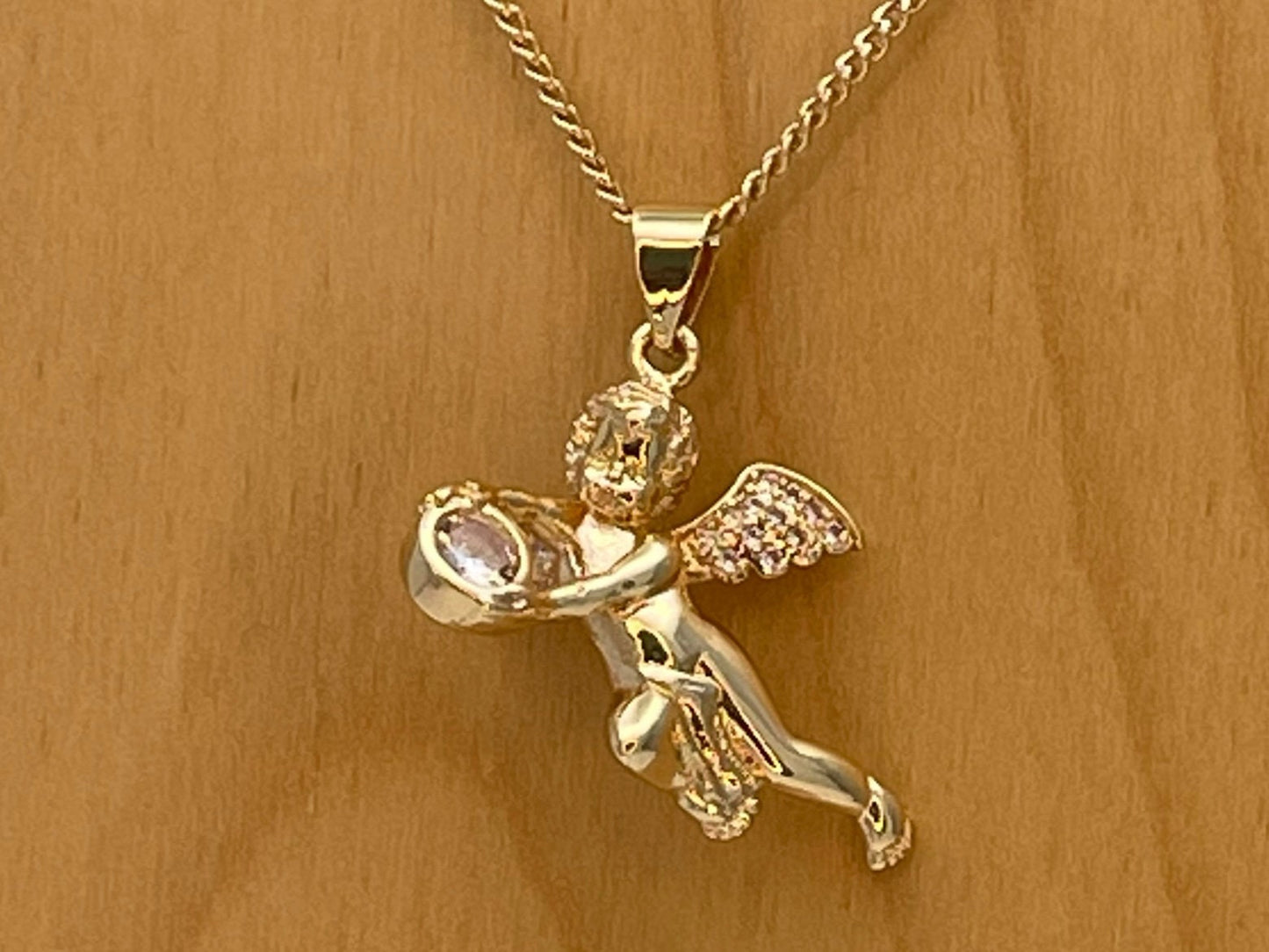 Handmade Gold Angel Chain Necklace Dainty Angel Pendant White Zirconia on Wing, Chain Gold Filled Jewelry Making Wholesale Gift for her