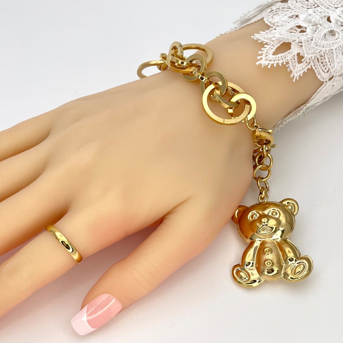 Handmade TEDDY BEAR Charm Gold Bracelet, Gold Filled Bracelet Gift for Her Dainty and Chunky Bracelet