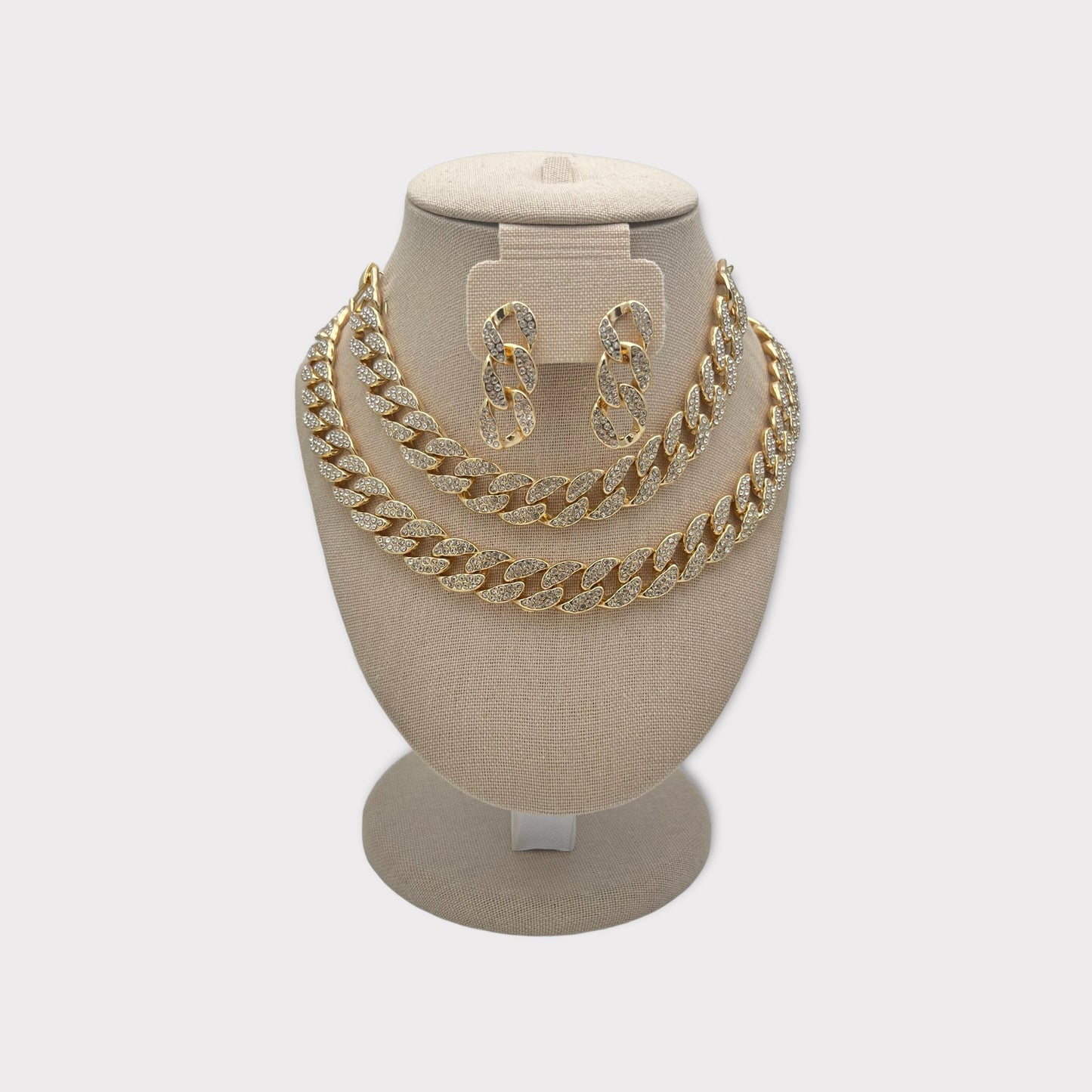 15MM Iced out Cuban Link Gold 18" Necklace Set 18K Gold Finish Earrings Included XOXO Crystal Necklace Gift For Her, Mother, HUGS and KISSES