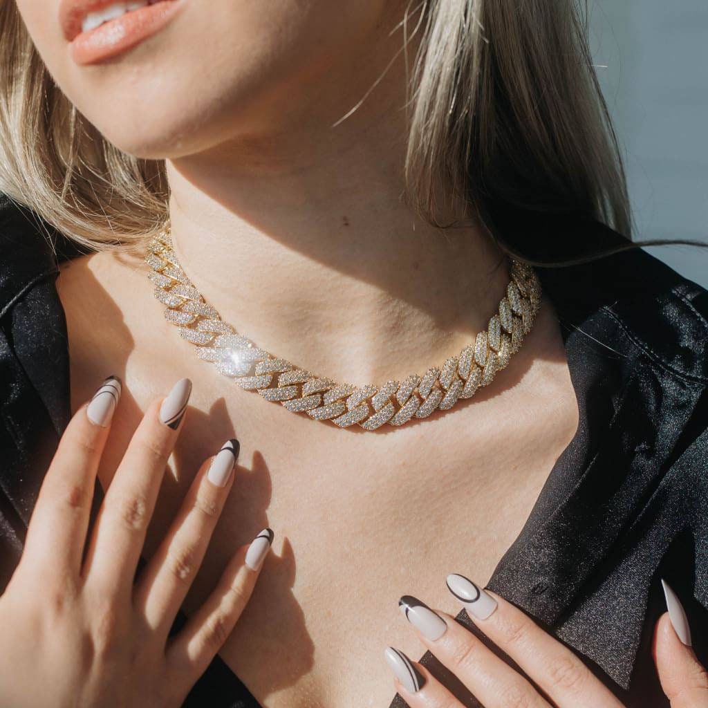 15MM Iced out Cuban Link Gold 18" Necklace Set 18K Gold Finish Earrings Included XOXO Crystal Necklace Gift For Her, Mother, HUGS and KISSES