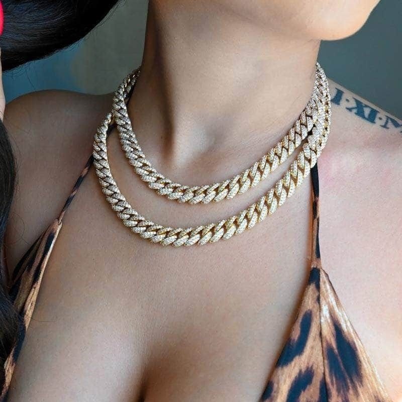 15MM Iced out Cuban Link Gold 18" Necklace Set 18K Gold Finish Earrings Included XOXO Crystal Necklace Gift For Her, Mother, HUGS and KISSES