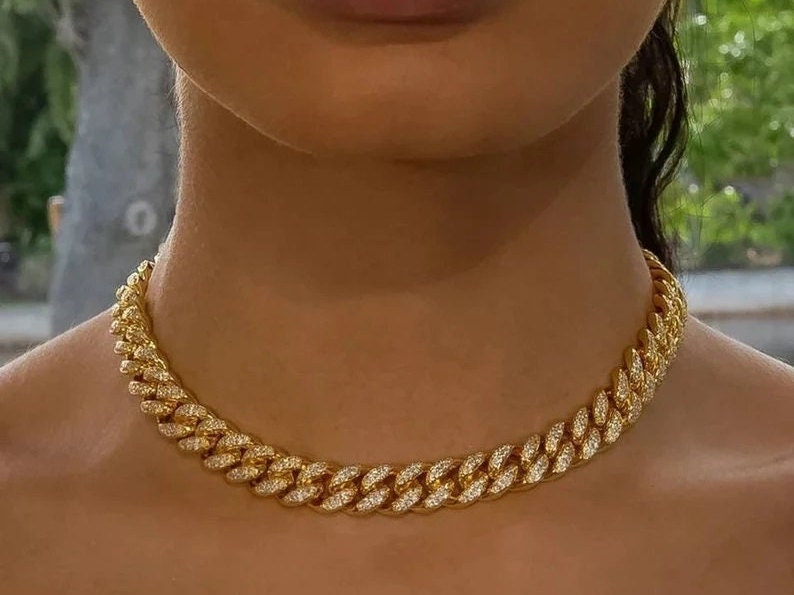 15MM Iced out Cuban Link Gold 18" Necklace Set 18K Gold Finish Earrings Included XOXO Crystal Necklace Gift For Her, Mother, HUGS and KISSES