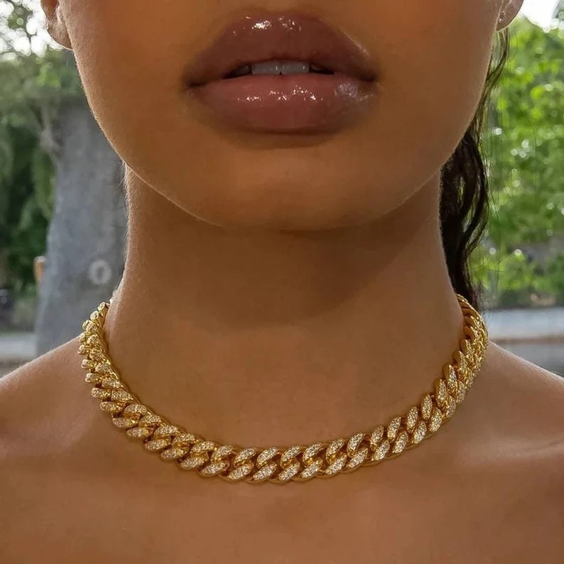 15MM Iced out Cuban Link Gold 18" Necklace Set 18K Gold Finish Earrings Included XOXO Crystal Necklace Gift For Her, Mother, HUGS and KISSES