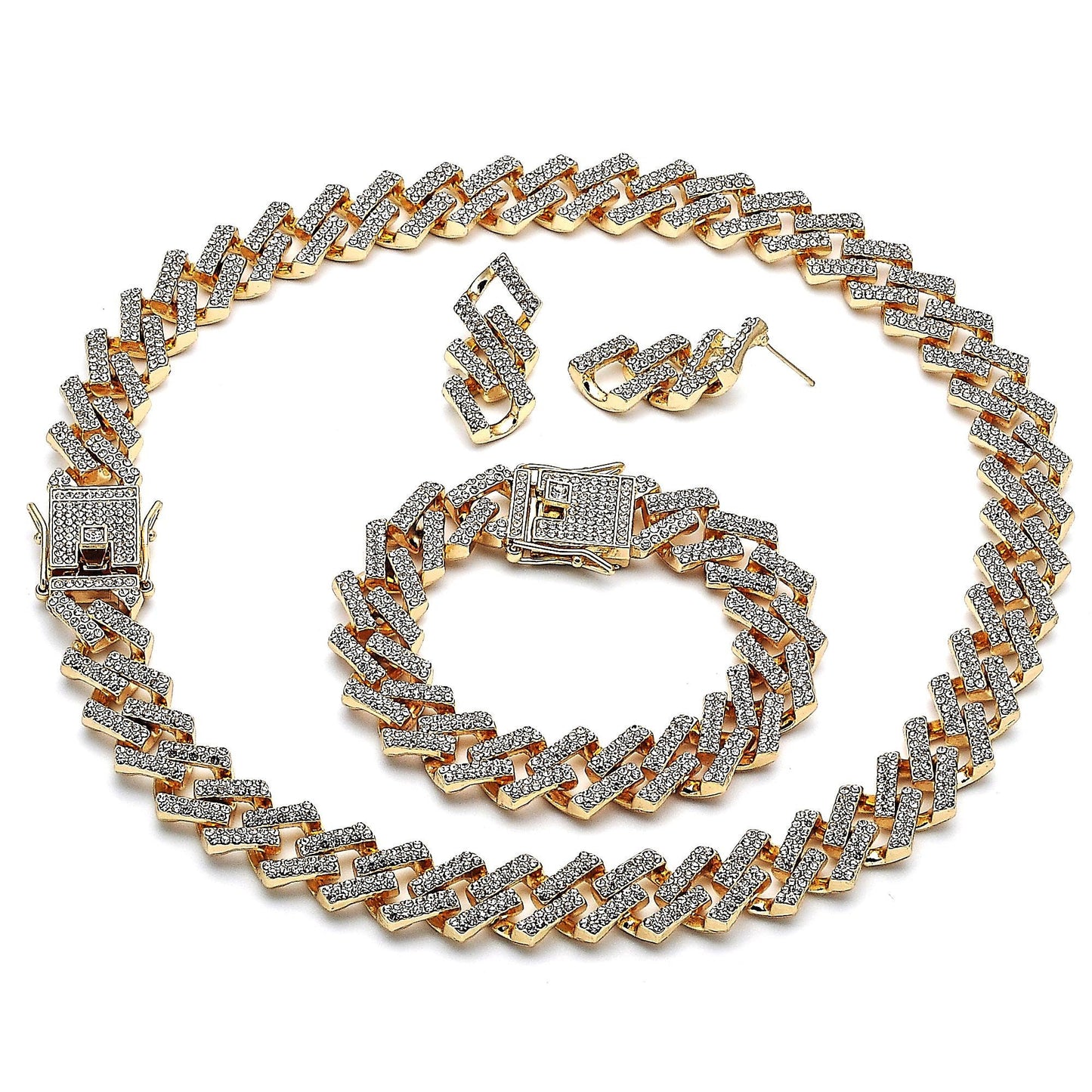 15MM Iced out Cuban Link Gold 18" Necklace Set 18K Gold Finish Earrings Included XOXO Crystal Necklace Gift For Her, Mother, HUGS and KISSES