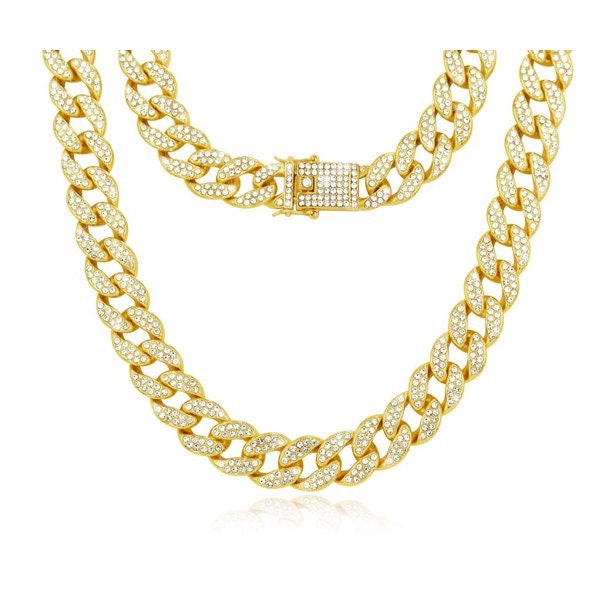 15MM Iced out Cuban Link Gold 18" Necklace Set 18K Gold Finish Earrings Included XOXO Crystal Necklace Gift For Her, Mother, HUGS and KISSES