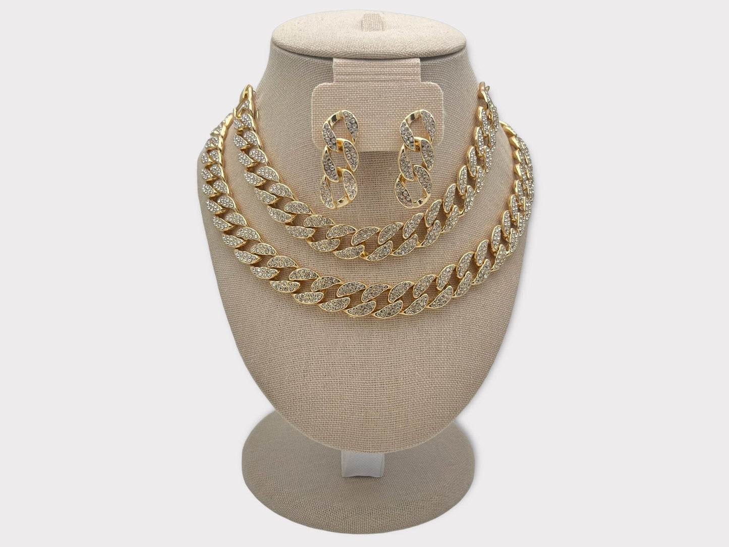15MM Iced out Cuban Link Gold 18" Necklace Set 18K Gold Finish Earrings Included XOXO Crystal Necklace Gift For Her, Mother, HUGS and KISSES