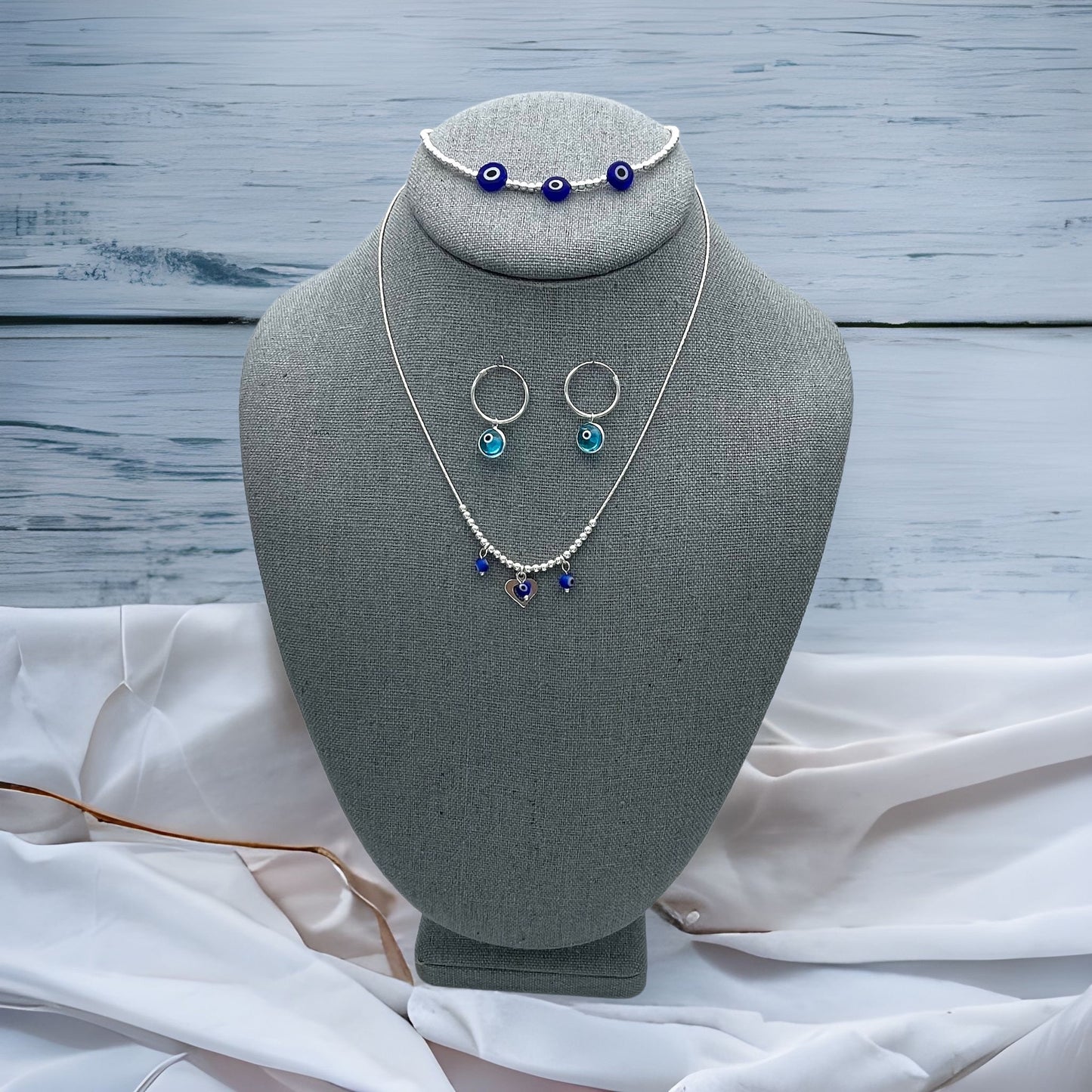 Dainty Evil Eye Necklace Evil Eye Bracelet Silver With Evil Eye Earing Set, Minimalist Real Silver Jewelry Wholesale Findings, Gift for Her