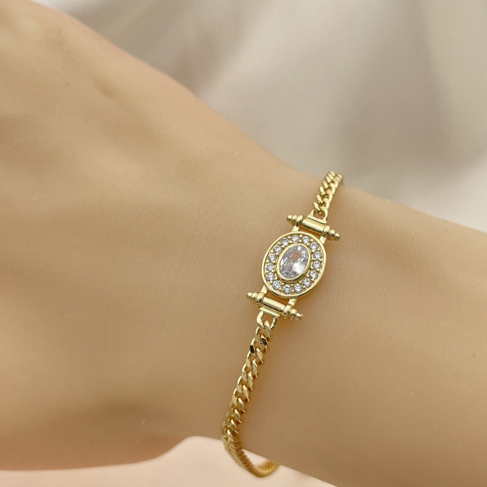 7" Adjustable Cuban Bracelet w/ White CZ Stones Handmade - Gold Filled Bracelets - 03.213.0178.07