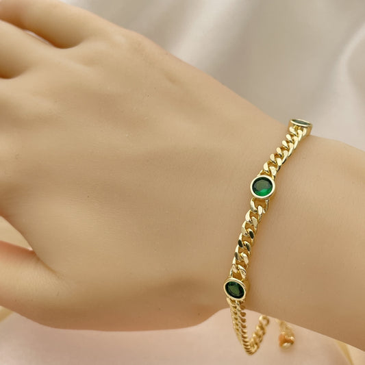 7" Adjustable Cuban Bracelet w/ Emerald Green Round Stones -Handmade - Gold Filled Bracelets -03.213.0167.07