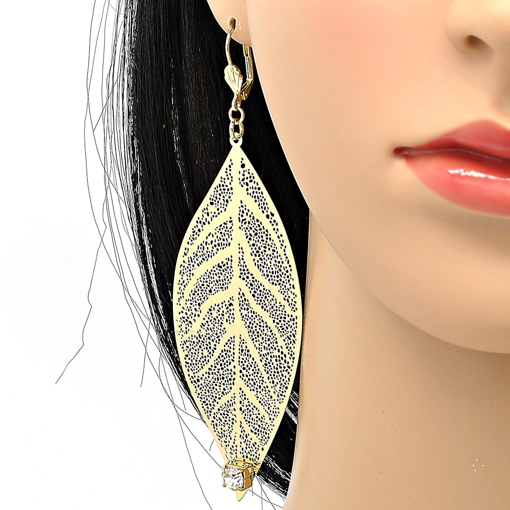 Oro Laminado Dangle Earring, Gold Filled Style Leaf and Filigree Design, with White Crystal, Polished, Golden Finish