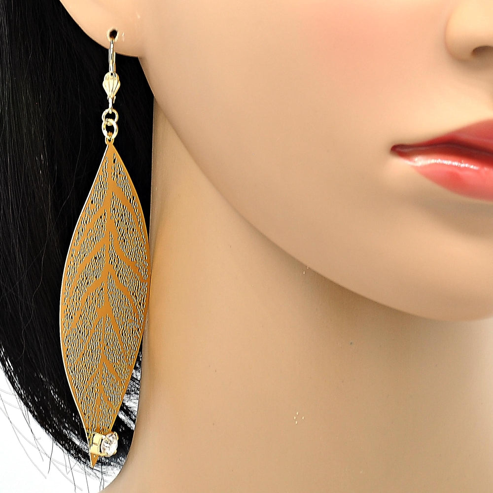 Oro Laminado Dangle Earring, Gold Filled Style Leaf and Filigree Design, with White Crystal, Polished, Golden Finish