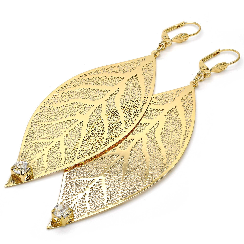Oro Laminado Dangle Earring, Gold Filled Style Leaf and Filigree Design, with White Crystal, Polished, Golden Finish