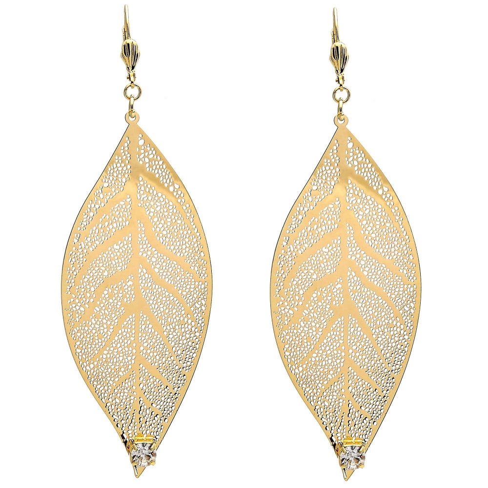 Oro Laminado Dangle Earring, Gold Filled Style Leaf and Filigree Design, with White Crystal, Polished, Golden Finish