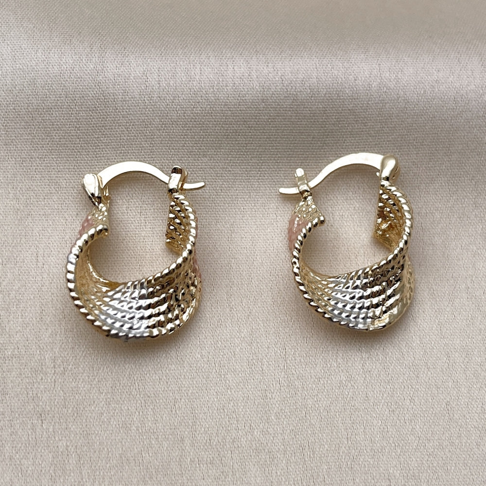 Oro Laminado Small Hoop, Gold Filled Style Twist Design, Diamond Cutting Finish, Tricolor