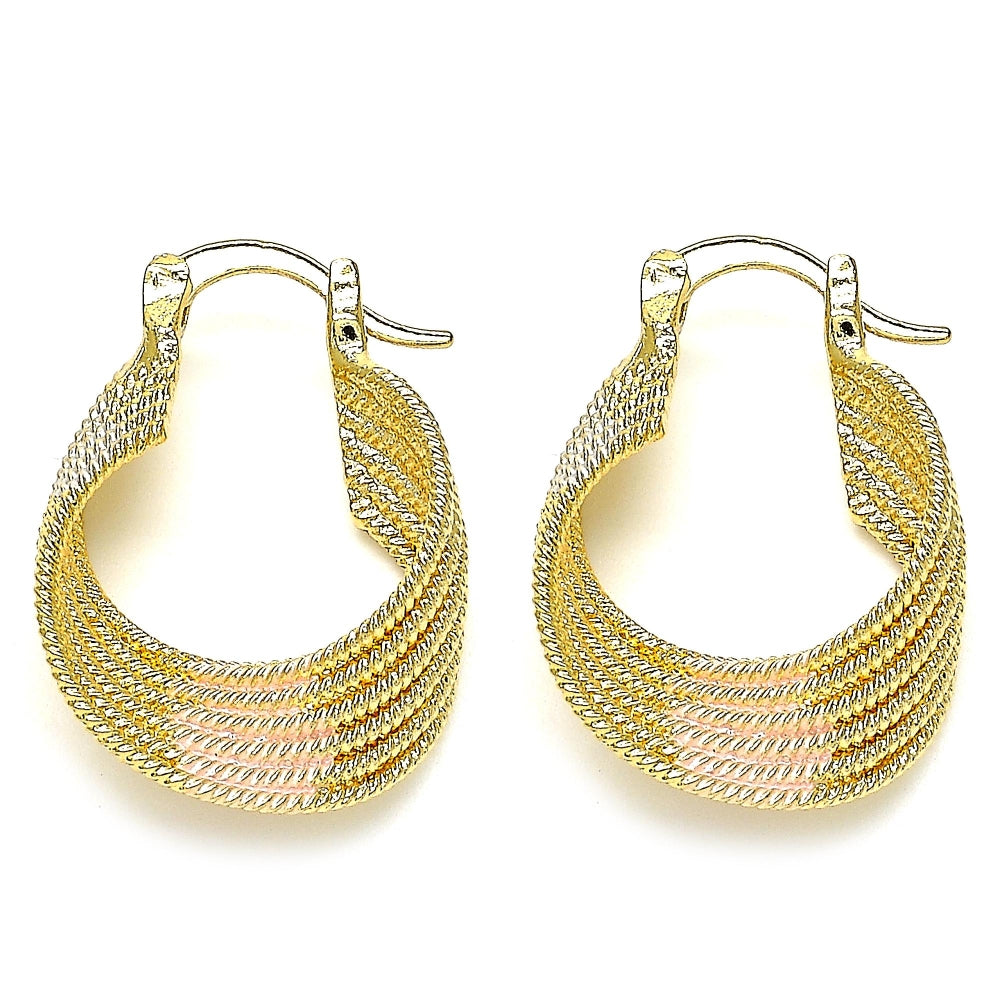 Oro Laminado Small Hoop, Gold Filled Style Twist Design, Diamond Cutting Finish, Tricolor