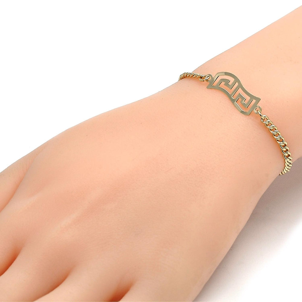 Oro Laminado ID Bracelet, Gold Filled Style Greek Key and Miami Cuban Design, Polished, Golden Finish