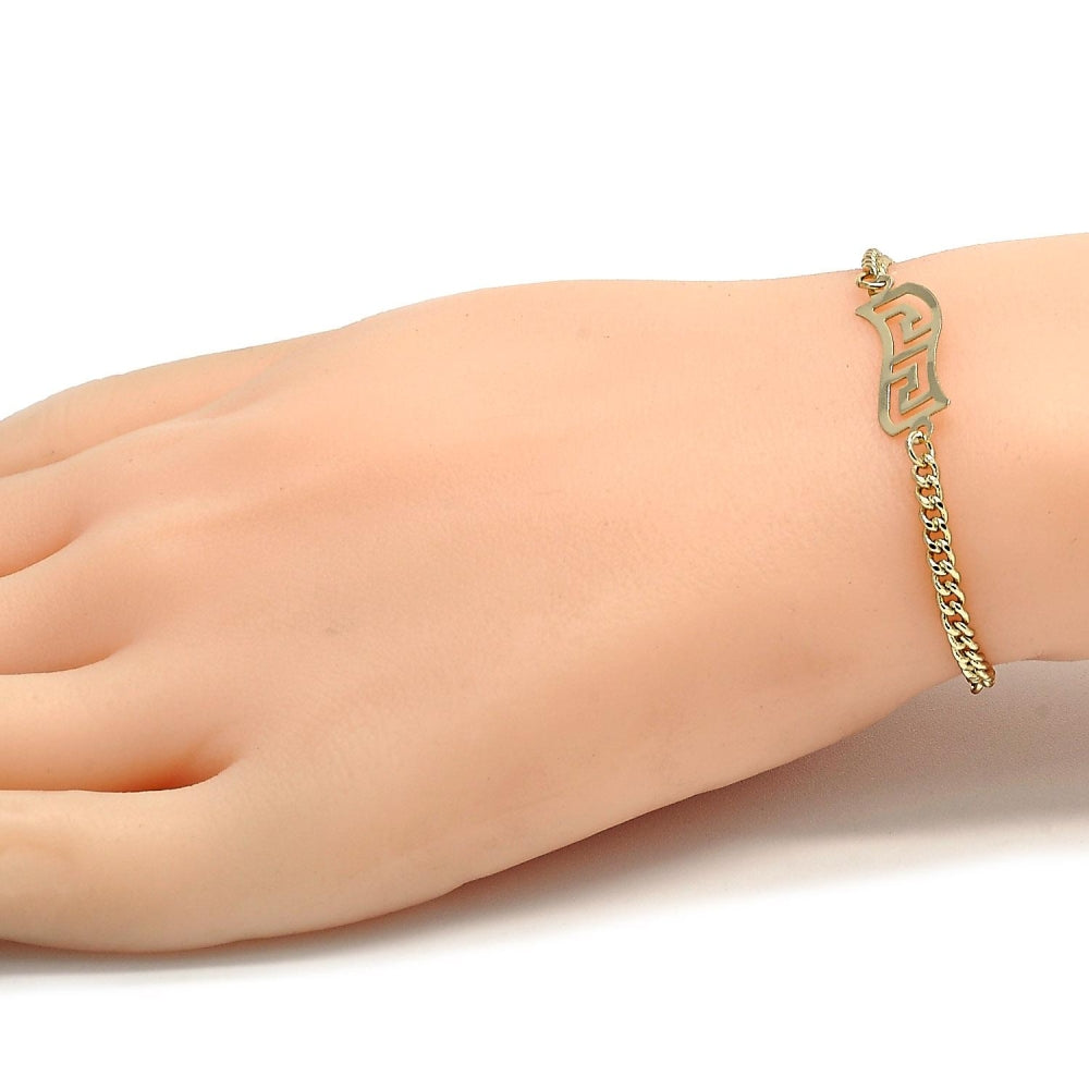 Oro Laminado ID Bracelet, Gold Filled Style Greek Key and Miami Cuban Design, Polished, Golden Finish
