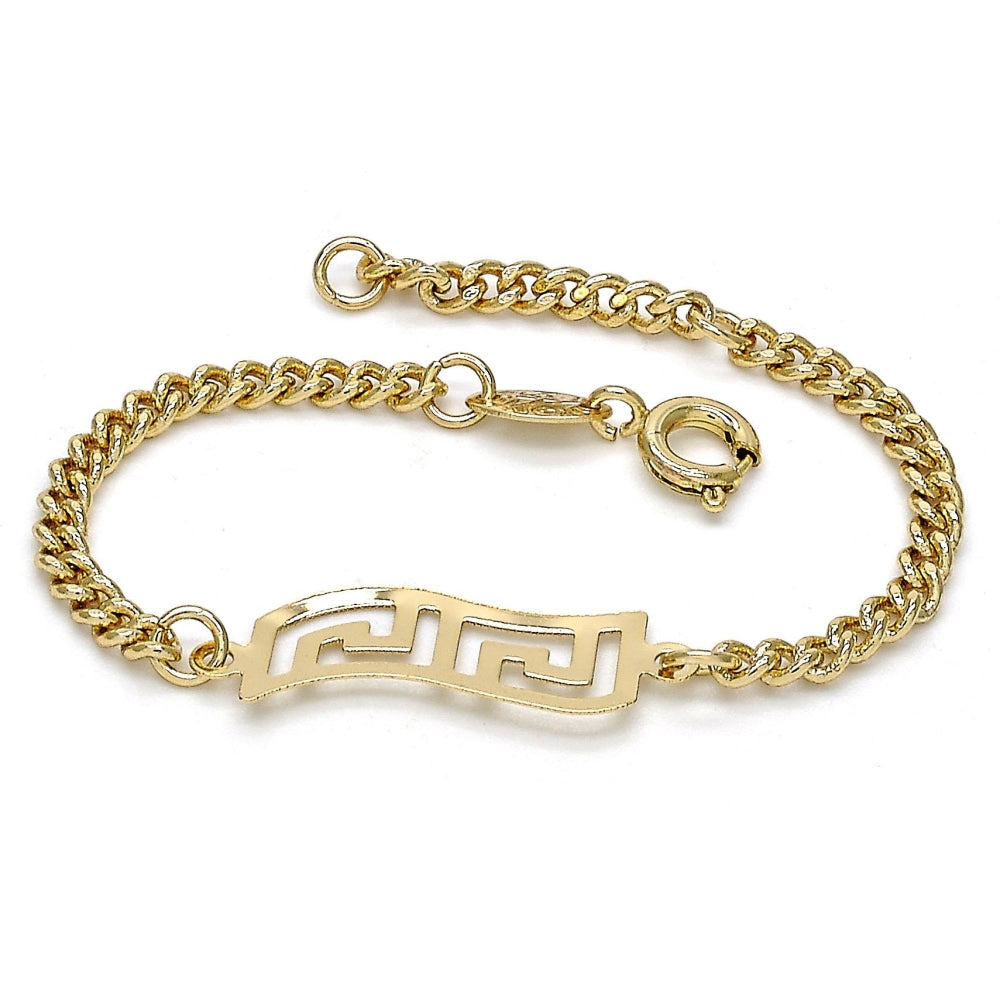 Oro Laminado ID Bracelet, Gold Filled Style Greek Key and Miami Cuban Design, Polished, Golden Finish