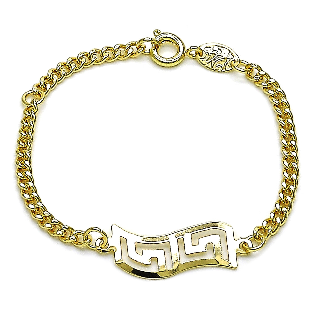 Oro Laminado ID Bracelet, Gold Filled Style Greek Key and Miami Cuban Design, Polished, Golden Finish