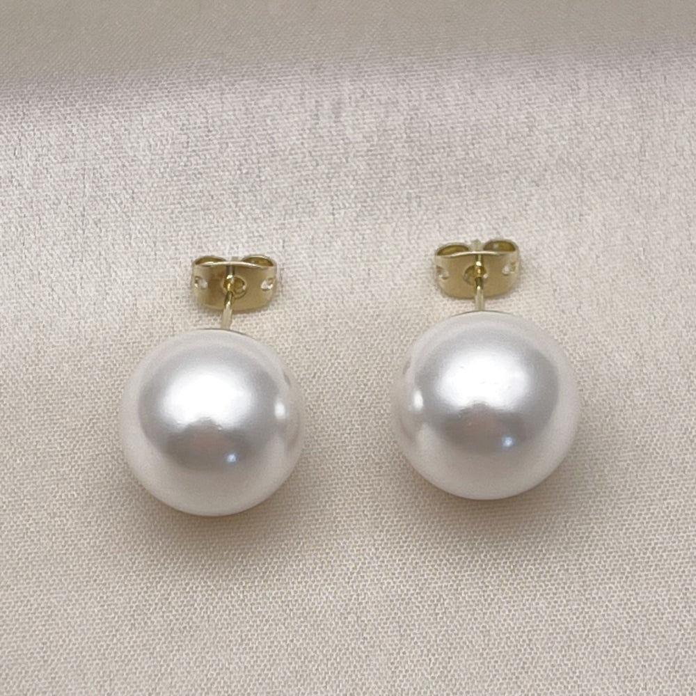 Oro Laminado Stud Earring, Gold Filled Style Ball Design, with Ivory Pearl, Polished, Golden Finish